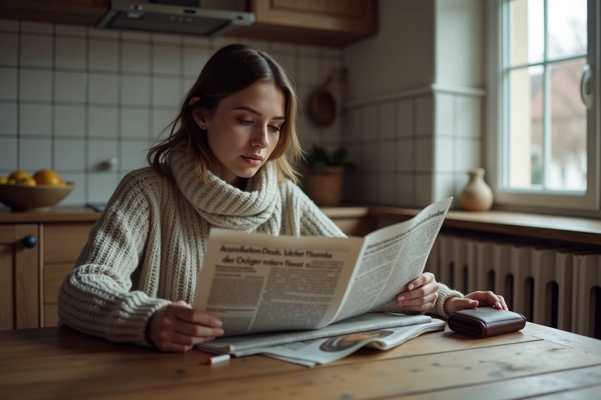 Femme lisant un article sur le prix des cigarettes dans un int&eacute;rieur