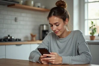 Jeune femme vérifiant une notification de virement sur son application Nickel depuis son smartphone à la cuisine
