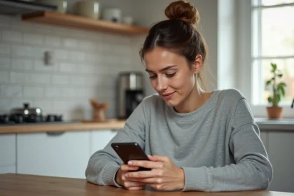 Jeune femme vérifiant une notification de virement sur son application Nickel depuis son smartphone à la cuisine