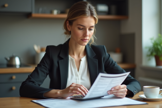 Femme concentrée à la cuisine avec calculatrice et relevé financier
