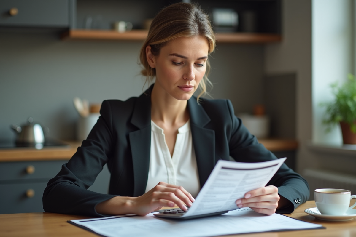 Femme concentrée à la cuisine avec calculatrice et relevé financier