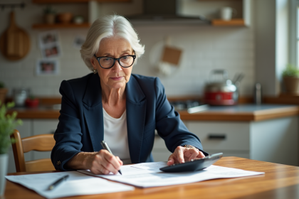 Femme &acirc;g&eacute;e examinant des papiers dans la cuisine lumineuse