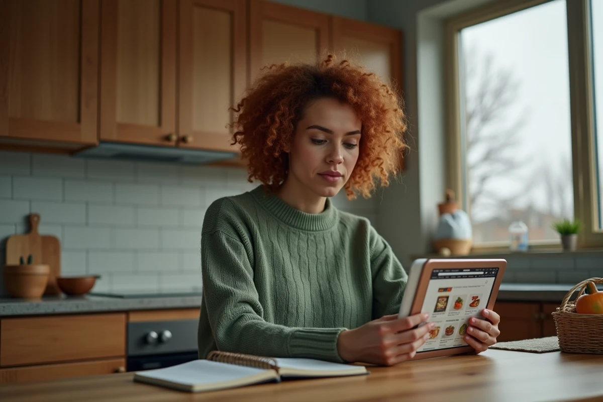 Jeune femme planifiant ses achats Amazon avec des chèques Bimpli sur une tablette dans sa cuisine