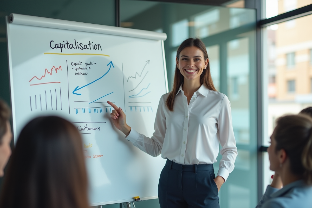 Femme professionnelle pointant un tableau blanc avec graphiques d investissement
