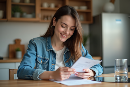 Femme assise &agrave; la cuisine v&eacute;rifiant ses re&ccedil;us et application