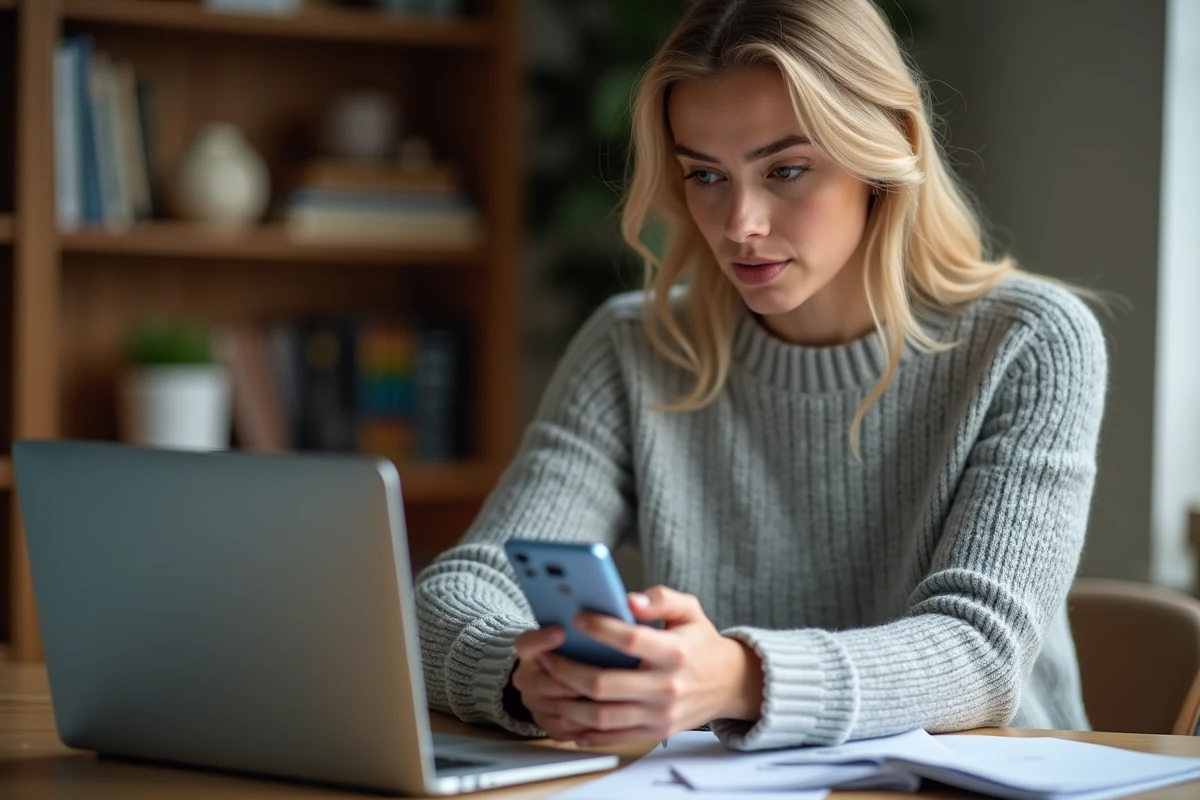 Femme cherchant le numéro de téléphone PayPal sur son smartphone depuis son bureau à domicile
