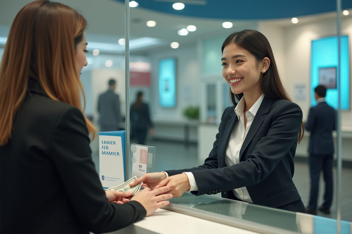 Femme d affaires remettant de l argent à un guichet bancaire