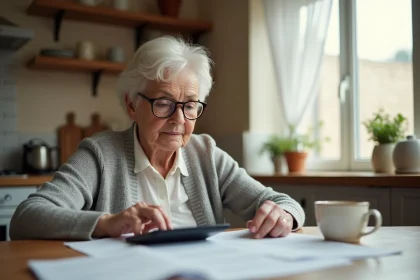 Femme retraitée calculant sa pension de réversion avec des documents officiels et une calculatrice sur une table en bois