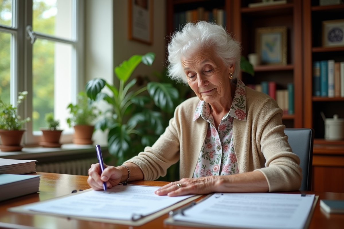 Femme retraitée organisant papiers dans un bureau intérieur