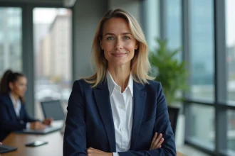 Femme en blazer navy lors d'une réunion professionnelle