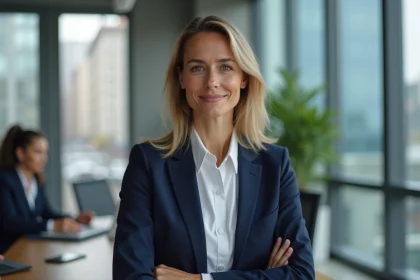 Femme en blazer navy lors d'une r&eacute;union professionnelle