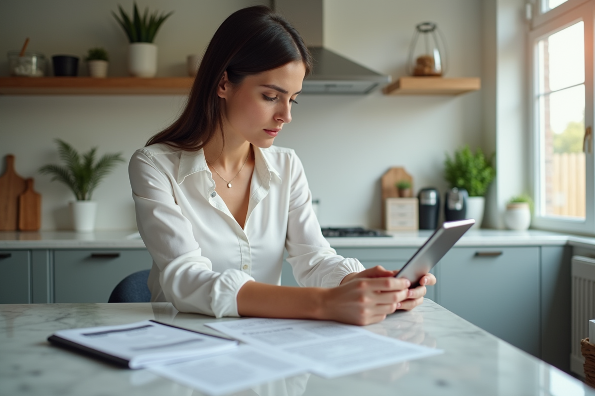 Jeune femme analysant des papiers locatifs dans une cuisine lumineuse