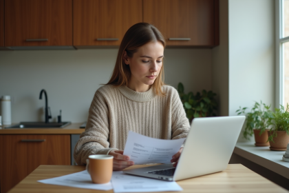 Jeune femme en cuisine consulte son relevé bancaire