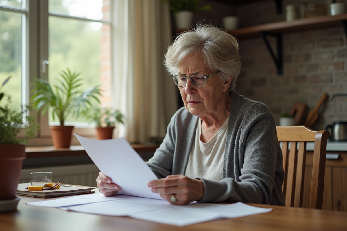 Femme d'âge moyen examine des documents dans sa cuisine