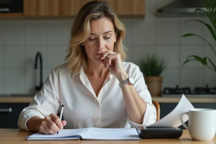Femme fran&ccedil;aise examinant ses documents financiers et livret A
