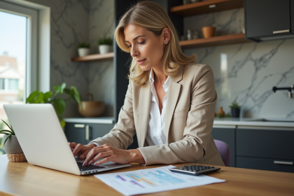 Femme élégante travaillant sur un ordinateur dans une cuisine moderne