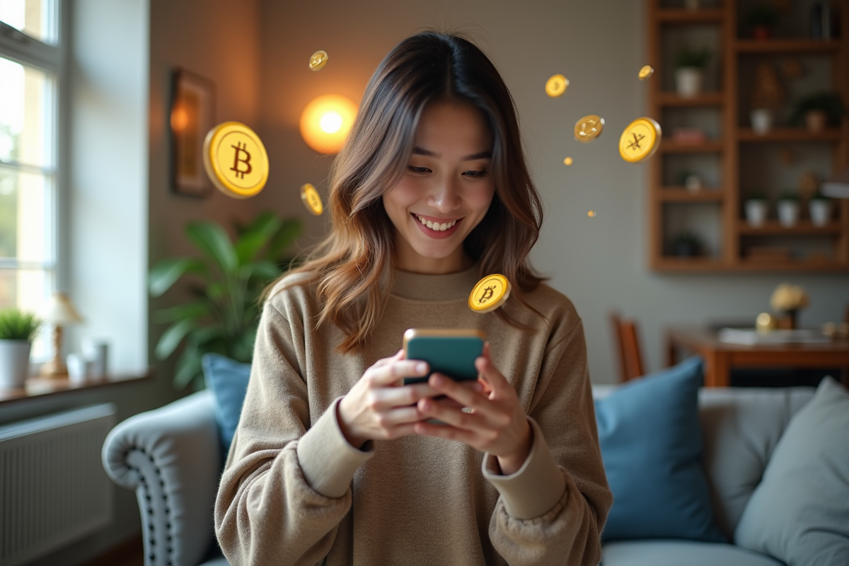 Jeune femme scannant un QR code crypto avec son smartphone
