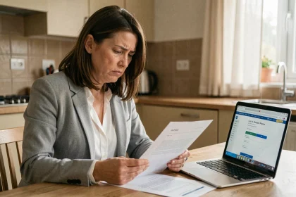 Femme sceptique examinant une offre de prêt immédiat sans refus à la maison