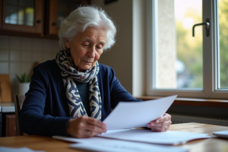 Femme senior française consulte des documents officiels