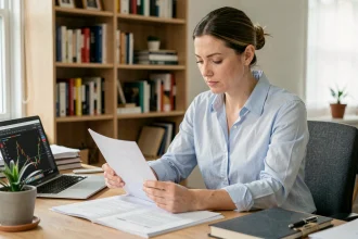 Femme consultant une simulation de crédit Macif sur un bureau à domicile avec des documents financiers
