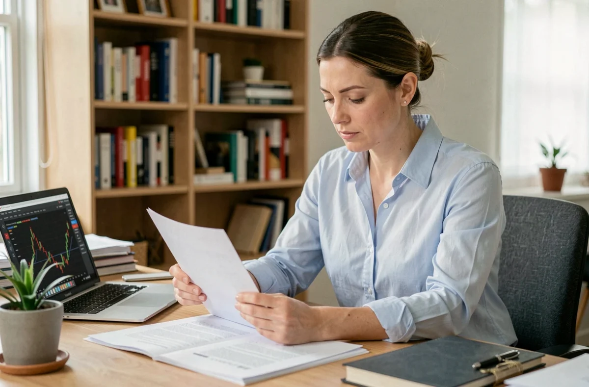 Femme consultant une simulation de crédit Macif sur un bureau à domicile avec des documents financiers