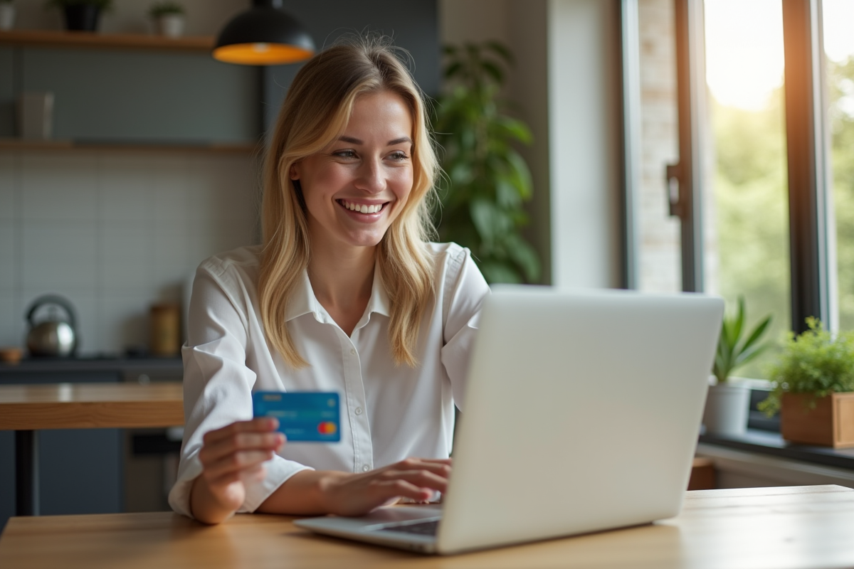 Femme souriante utilisant une carte de crédit pour cashback à la maison