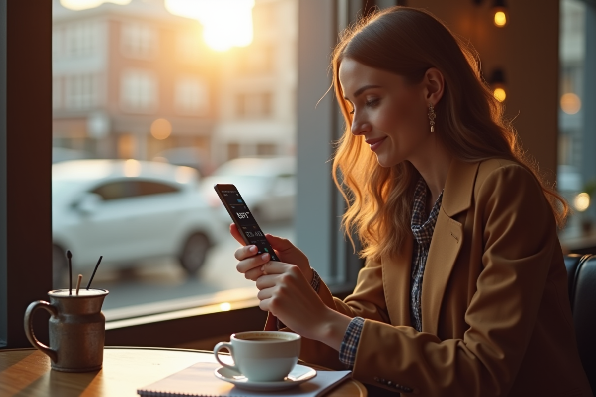 Jeune femme utilisant une application ETF sur son smartphone au café