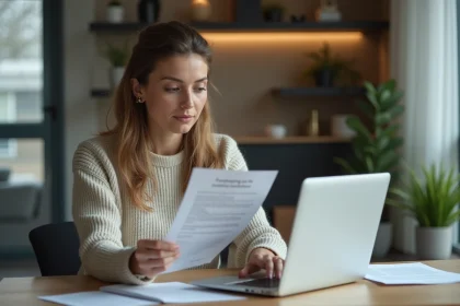 Femme en bureau regardant un ordinateur portable