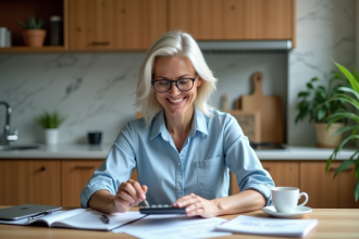Femme d'âge moyen travaillant à la maison dans une cuisine moderne