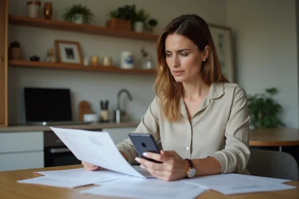 Femme concentr&eacute;e &agrave; la maison en train de v&eacute;rifier des documents