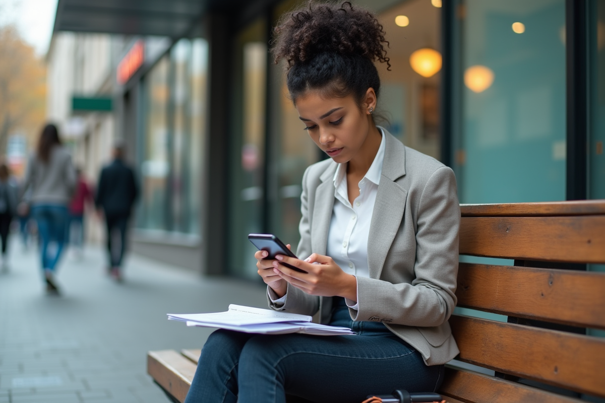 Jeune femme professionnelle frustrée regardant son smartphone dehors