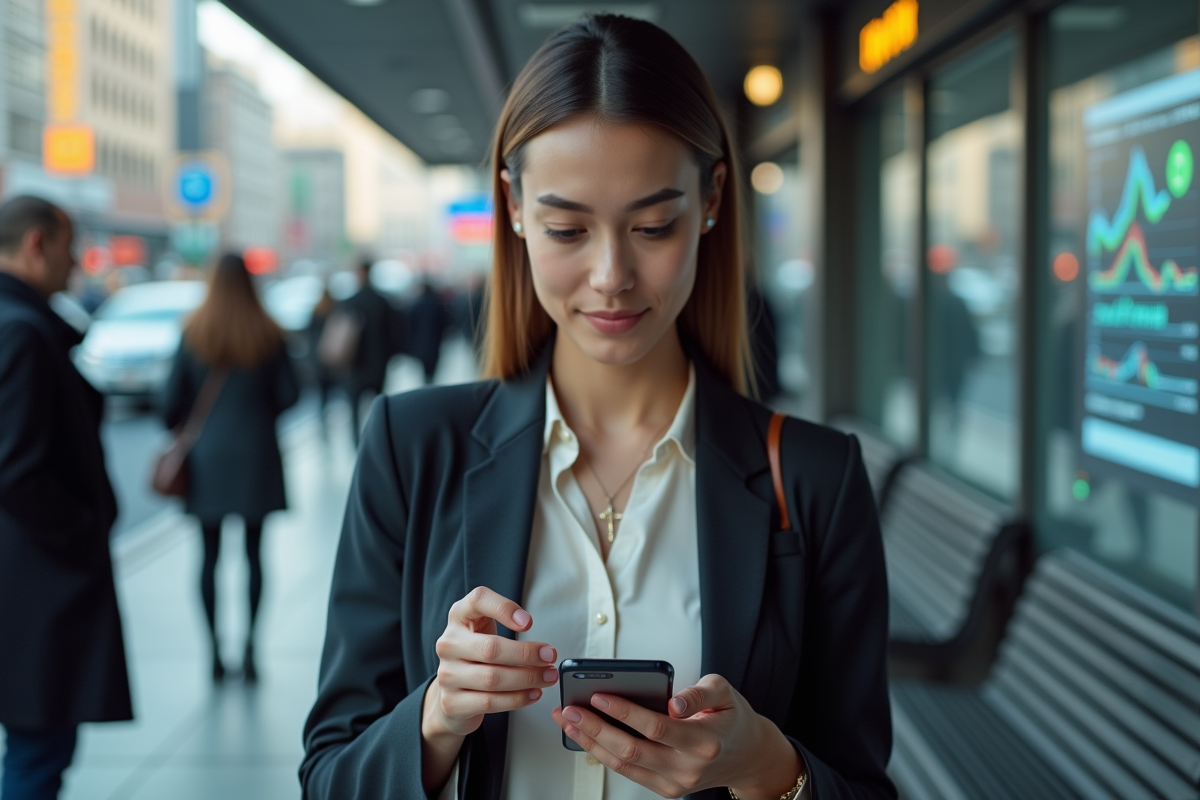 Jeune femme utilisant une application financière en ville