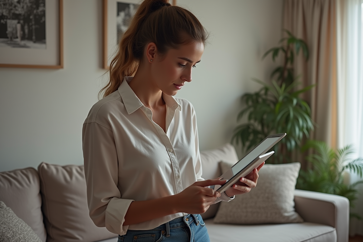 Jeune femme utilise une tablette pour évaluer ses biens