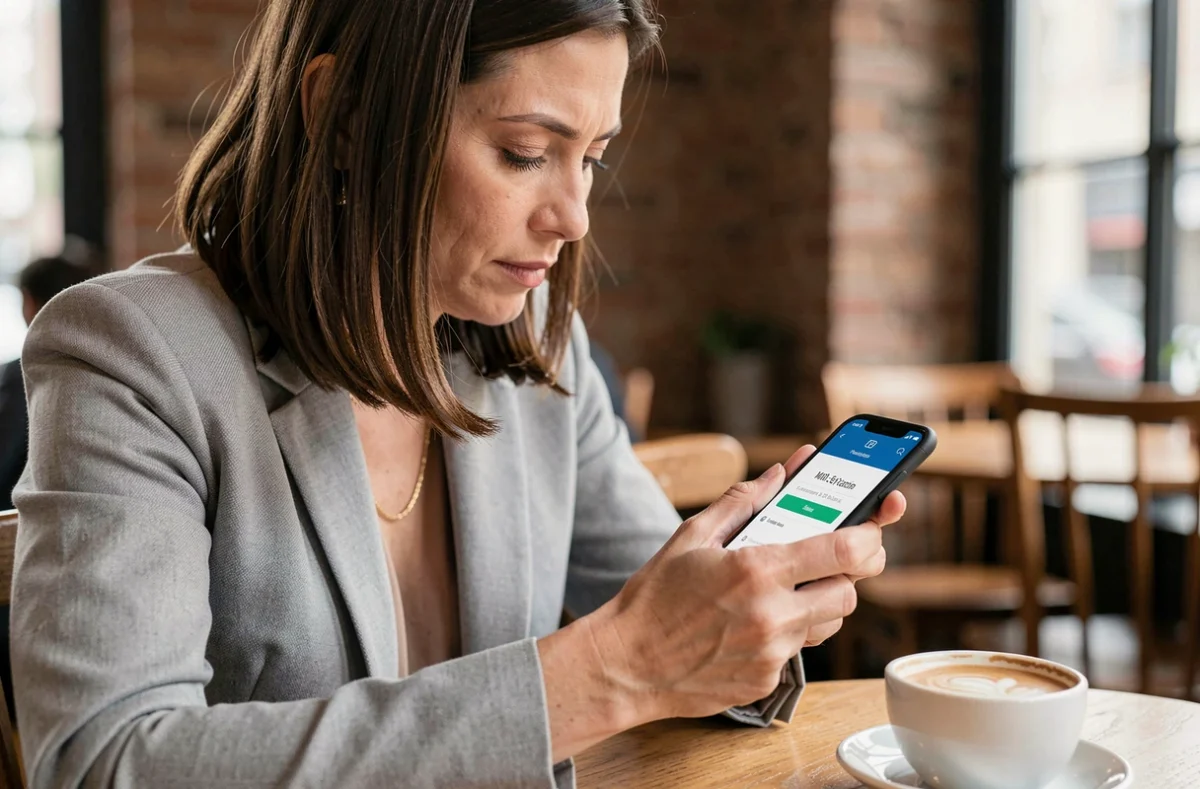 Femme vérifiant un virement bancaire en attente sur son application mobile dans un café