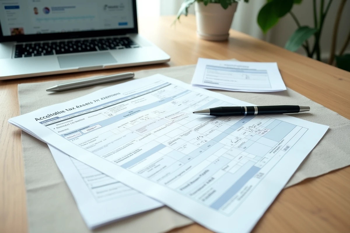 Vue aérienne d'un bureau avec formulaire fiscal français, liste de ventes Vinted dépassant 20 transactions et reçus d'expédition pour la déclaration 2026