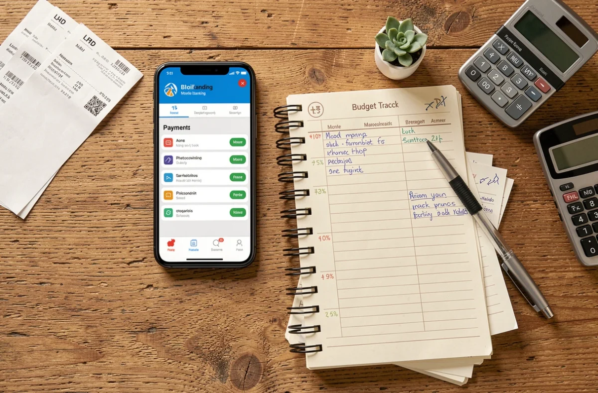 Vue aérienne d'un journal budgétaire manuscrit, smartphone avec application bancaire et reçus pour illustrer le libellé des moyens de paiement