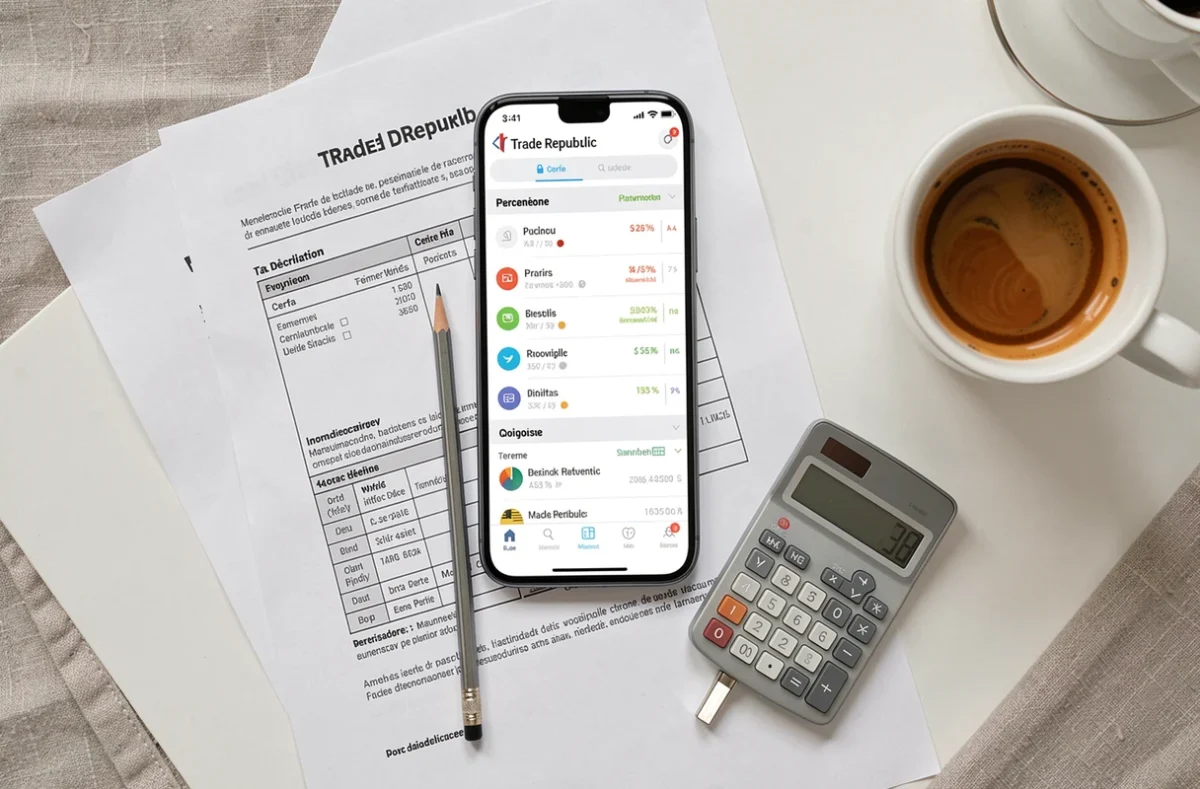 Vue aérienne d'un bureau avec smartphone Trade Republic, formulaire fiscal et calculatrice pour préparer sa déclaration d'impôts