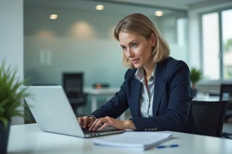 Femme fonctionnaire territoriale consultant l'interface CDC Net Banque des territoires sur son ordinateur portable dans un bureau municipal moderne