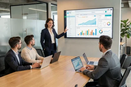 Formation d'équipe à l'utilisation d'un logiciel de gestion financière professionnelle dans un bureau moderne