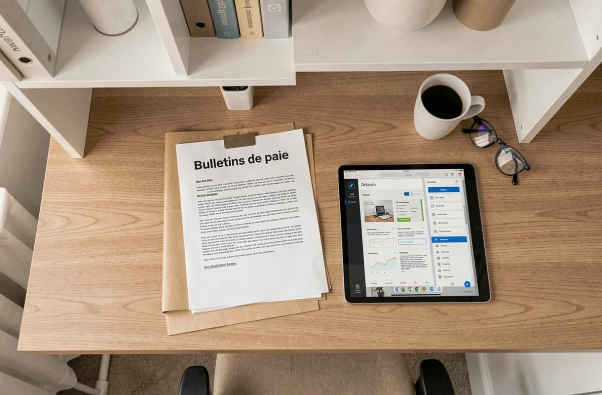 Bureau à domicile organisé avec dossier de bulletins de paie papier et interface de coffre-fort numérique sur tablette