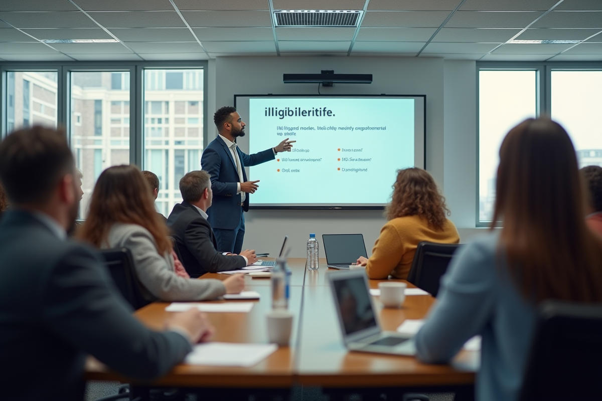 Groupe diversifié en formation dans une salle lumineuse