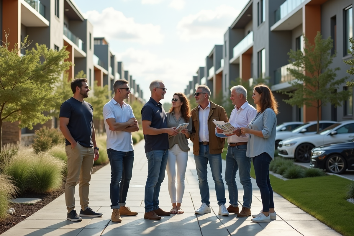 Groupe diversifié devant un immeuble résidentiel récent
