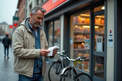Homme regardant le prix de cigarettes devant un magasin allemand