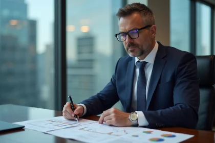 Homme d'affaires en costume analysant des graphiques boursiers