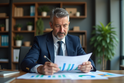 Homme d'affaires en costume analysant des graphiques financiers