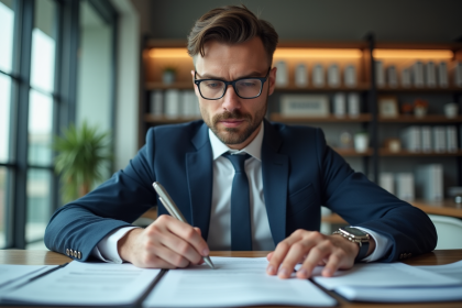 Homme d'affaires en costume examinant des documents financiers