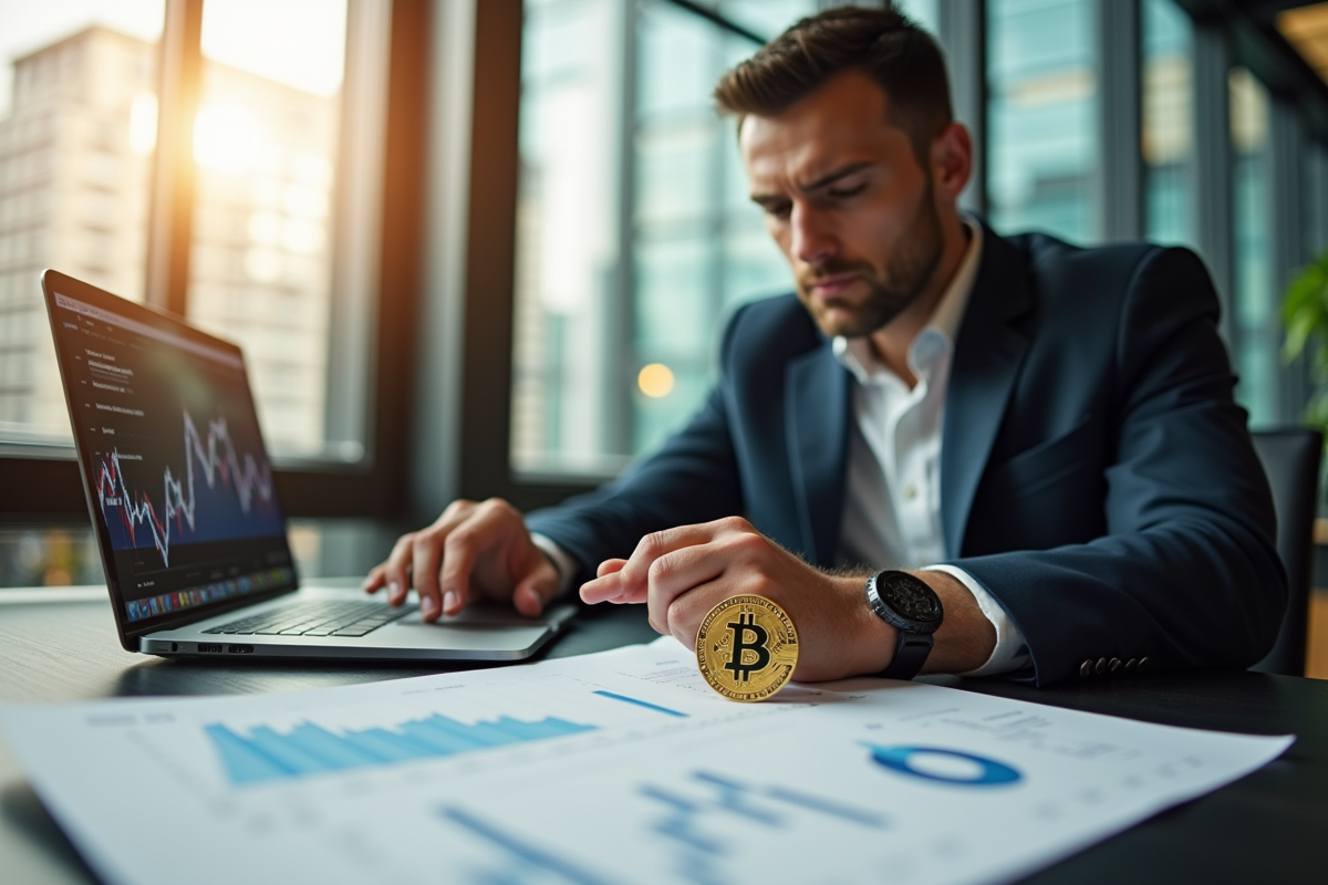 Homme d'affaires confiant analysant des documents crypto