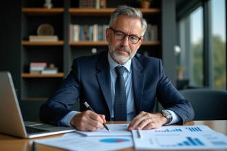 Homme d'affaires en costume regardant des rapports financiers