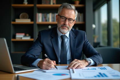 Homme d'affaires en costume regardant des rapports financiers