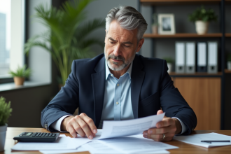 Homme d affaires en costume bleu examinant des documents financiers